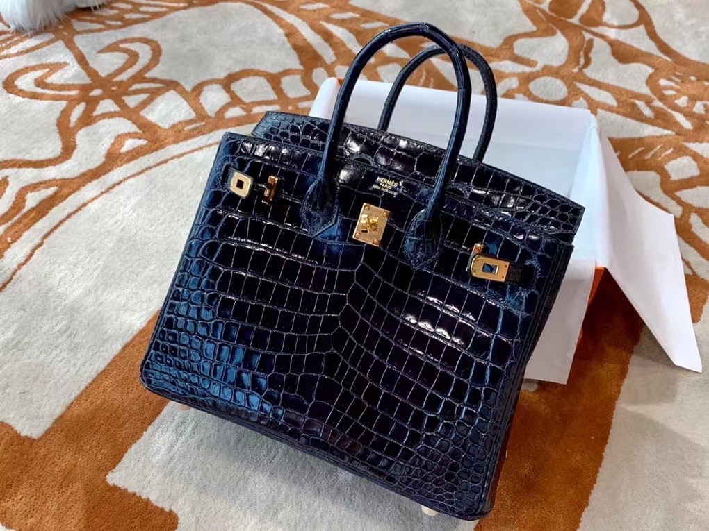 VIP一级品： BK 25cm Nile Crocodile 尼罗鳄 2Z Blue Nuit 午夜蓝/金扣 手工缝制 臻品鉴赏
