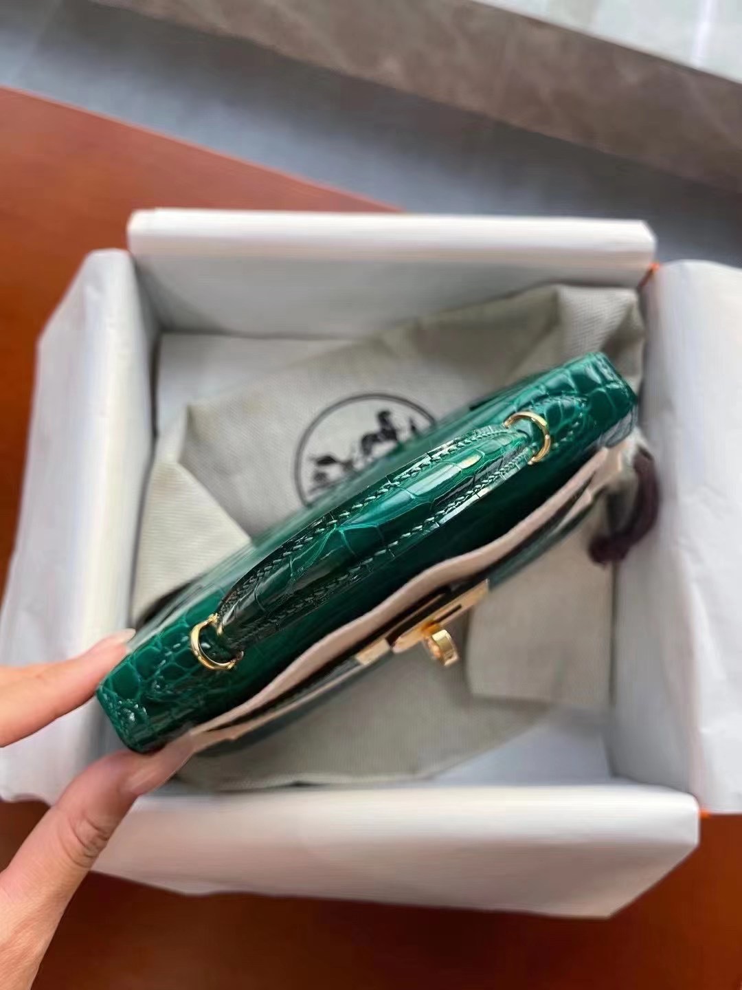Hermès KL Mini II Sellier 6Q Very Emerald Alligator Crocodile Gold Hardware