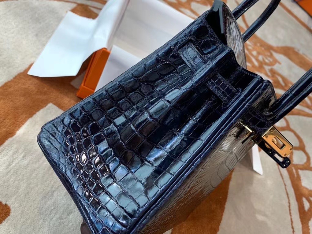 VIP一级品： BK 25cm Nile Crocodile 尼罗鳄 2Z Blue Nuit 午夜蓝/金扣 手工缝制 臻品鉴赏