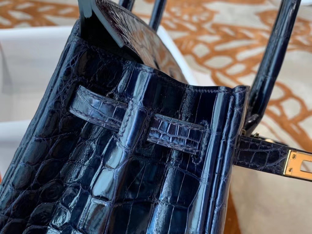 VIP一级品： BK 25cm Nile Crocodile 尼罗鳄 2Z Blue Nuit 午夜蓝/金扣 手工缝制 臻品鉴赏