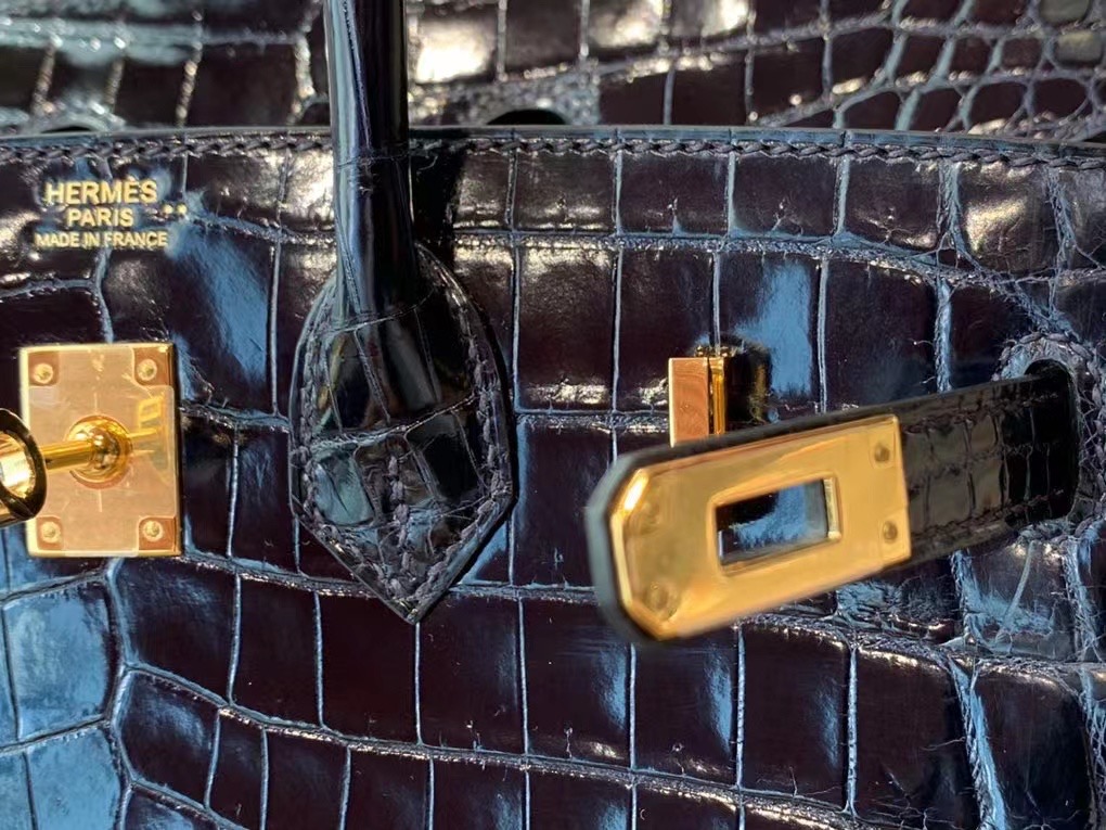 VIP一级品： BK 25cm Nile Crocodile 尼罗鳄 2Z Blue Nuit 午夜蓝/金扣 手工缝制 臻品鉴赏