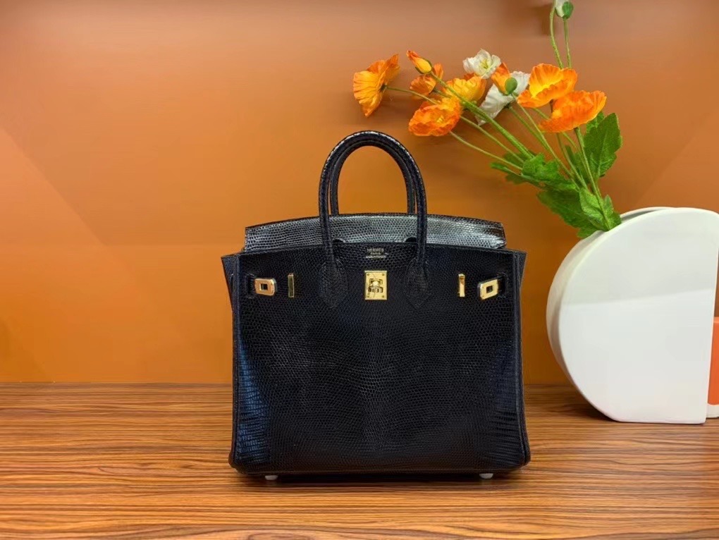 VIP一级品  BK25cm 蜥蜴皮 Lizard CK89 Noir 黑色/金扣  手工缝制 臻品鉴赏