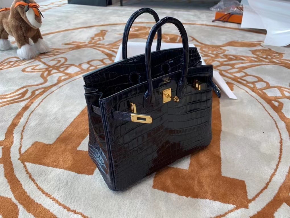 VIP一级品： BK 25cm Nile Crocodile 尼罗鳄 2Z Blue Nuit 午夜蓝/金扣 手工缝制 臻品鉴赏
