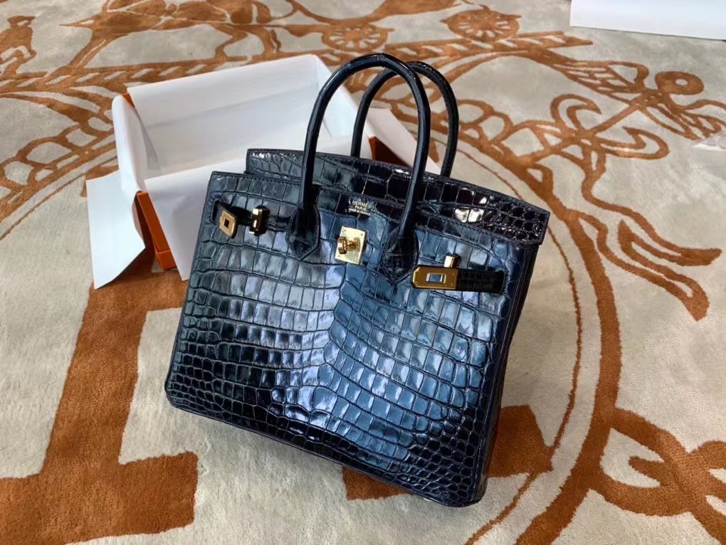 VIP一级品： BK 25cm Nile Crocodile 尼罗鳄 2Z Blue Nuit 午夜蓝/金扣 手工缝制 臻品鉴赏