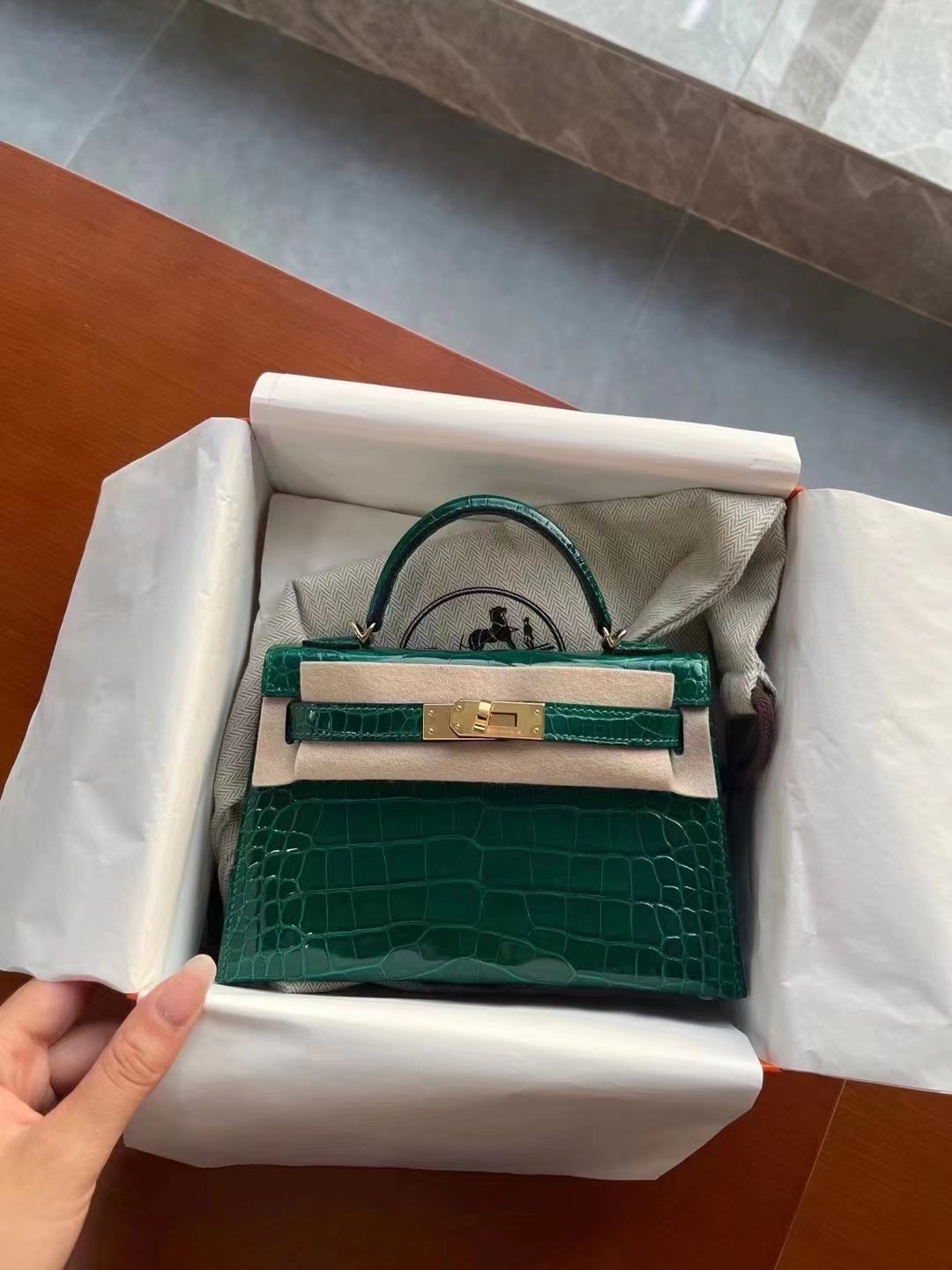 Hermès KL Mini II Sellier 6Q Very Emerald Alligator Crocodile Gold Hardware