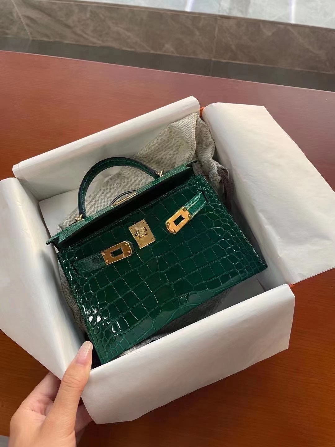 Hermès KL Mini II Sellier 6Q Very Emerald Alligator Crocodile Gold Hardware