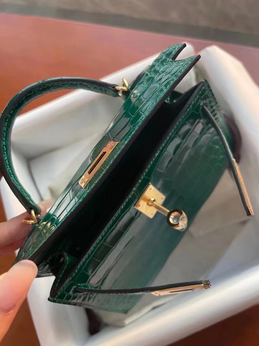 Hermès KL Mini II Sellier 6Q Very Emerald Alligator Crocodile Gold Hardware