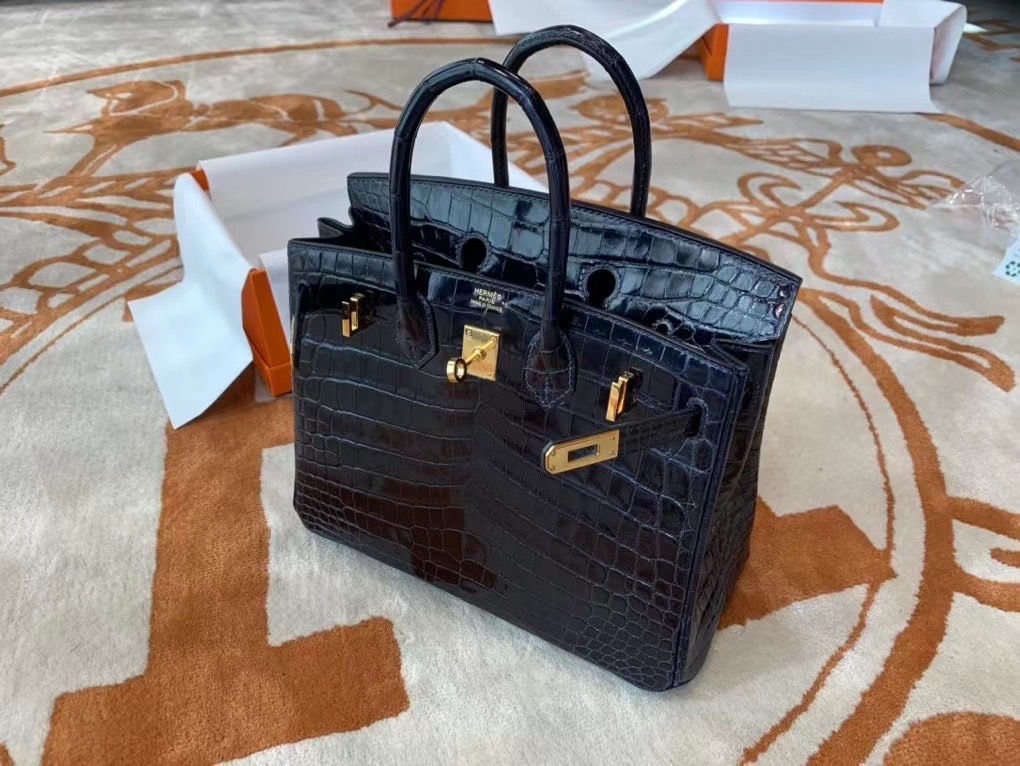 VIP一级品： BK 25cm Nile Crocodile 尼罗鳄 2Z Blue Nuit 午夜蓝/金扣 手工缝制 臻品鉴赏