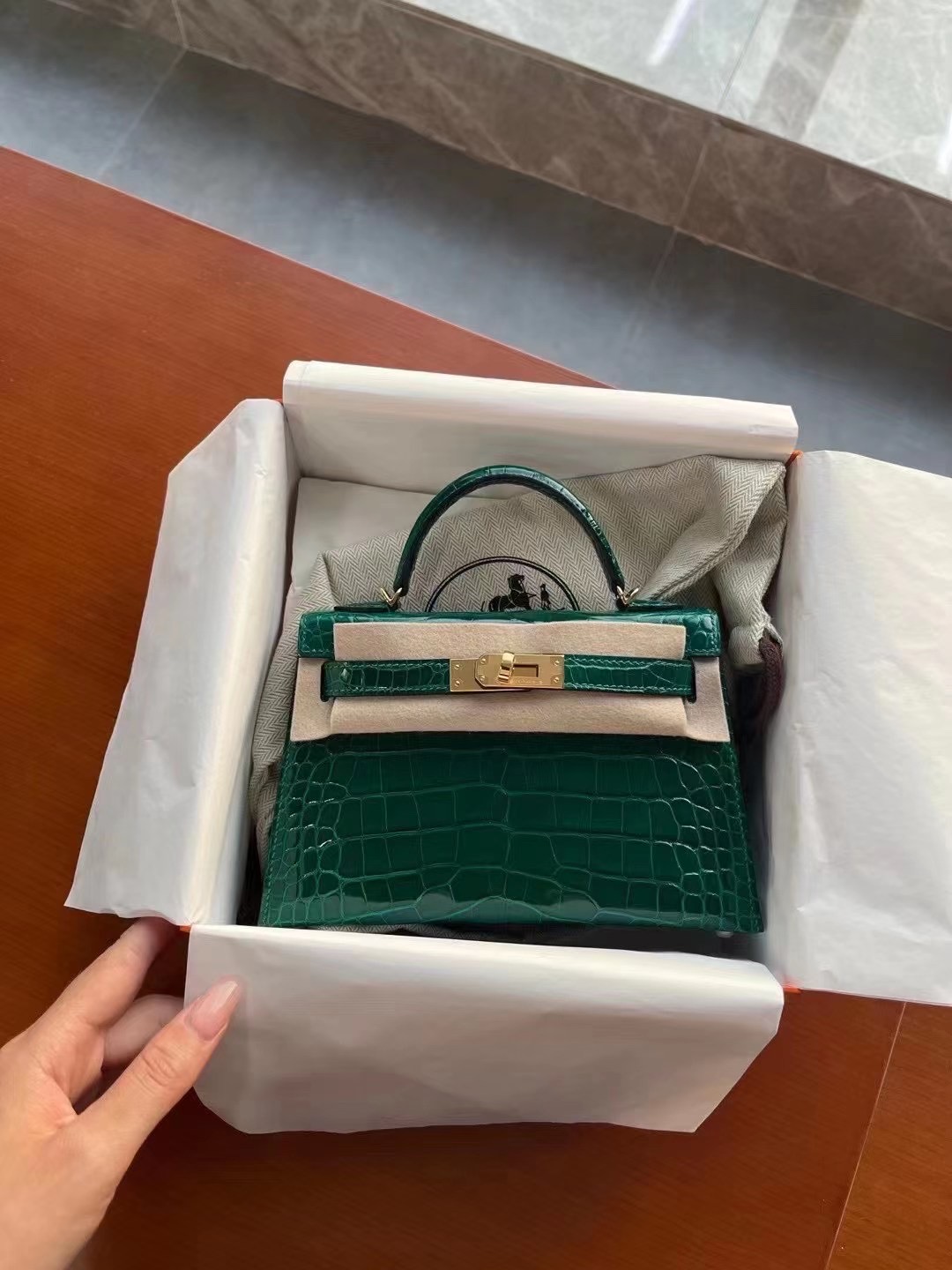 Hermès KL Mini II Sellier 6Q Very Emerald Alligator Crocodile Gold Hardware