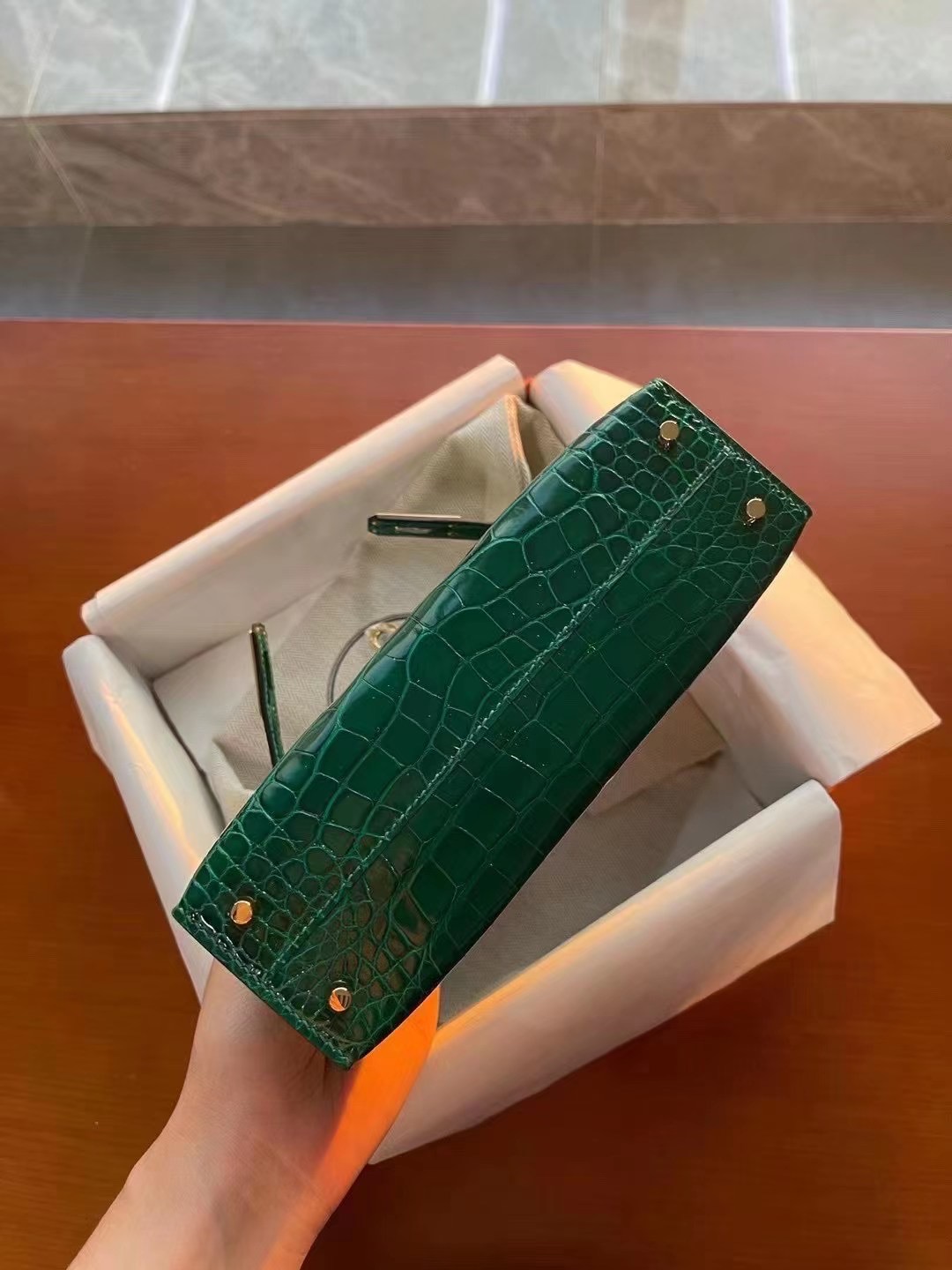 Hermès KL Mini II Sellier 6Q Very Emerald Alligator Crocodile Gold Hardware