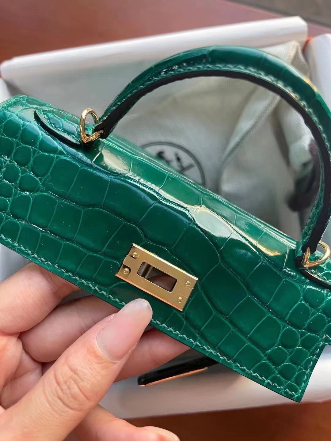 Hermès KL Mini II Sellier 6Q Very Emerald Alligator Crocodile Gold Hardware