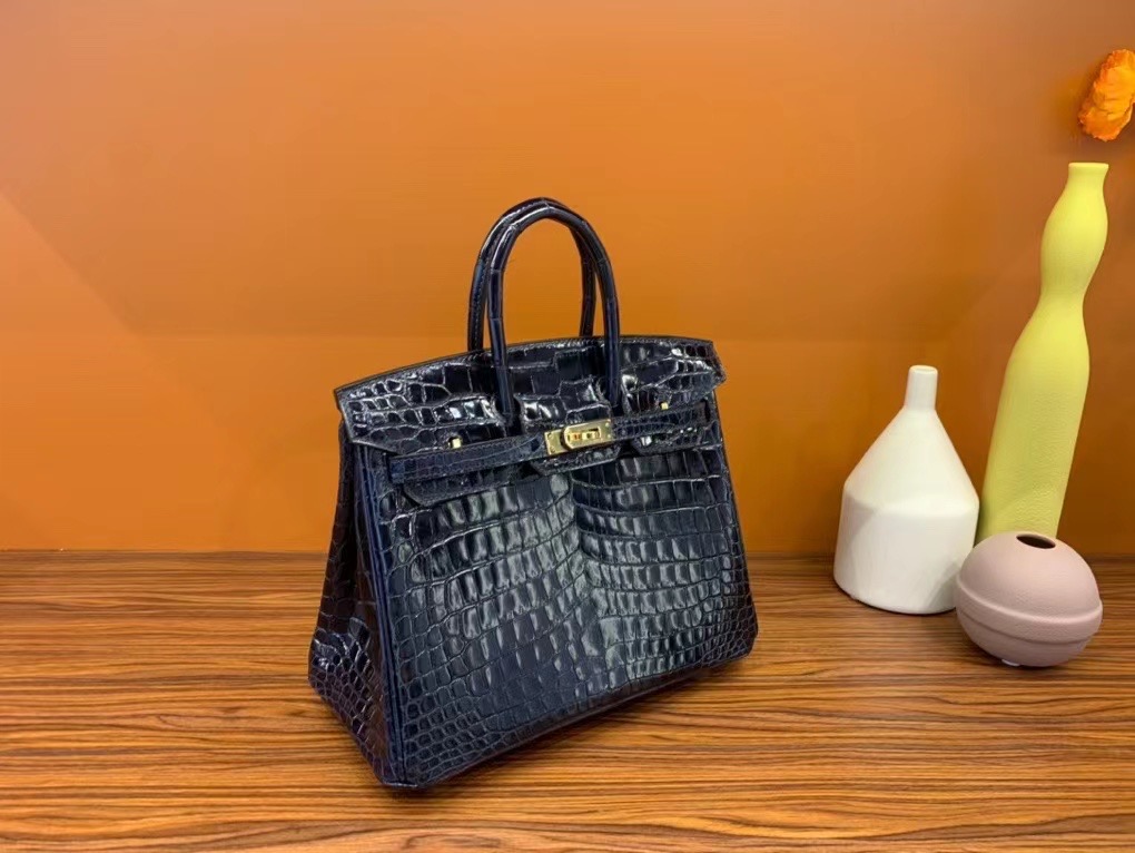 VIP一级品： BK 25cm Nile Crocodile 尼罗鳄 2Z Blue Nuit 午夜蓝/金扣 手工缝制 臻品鉴赏