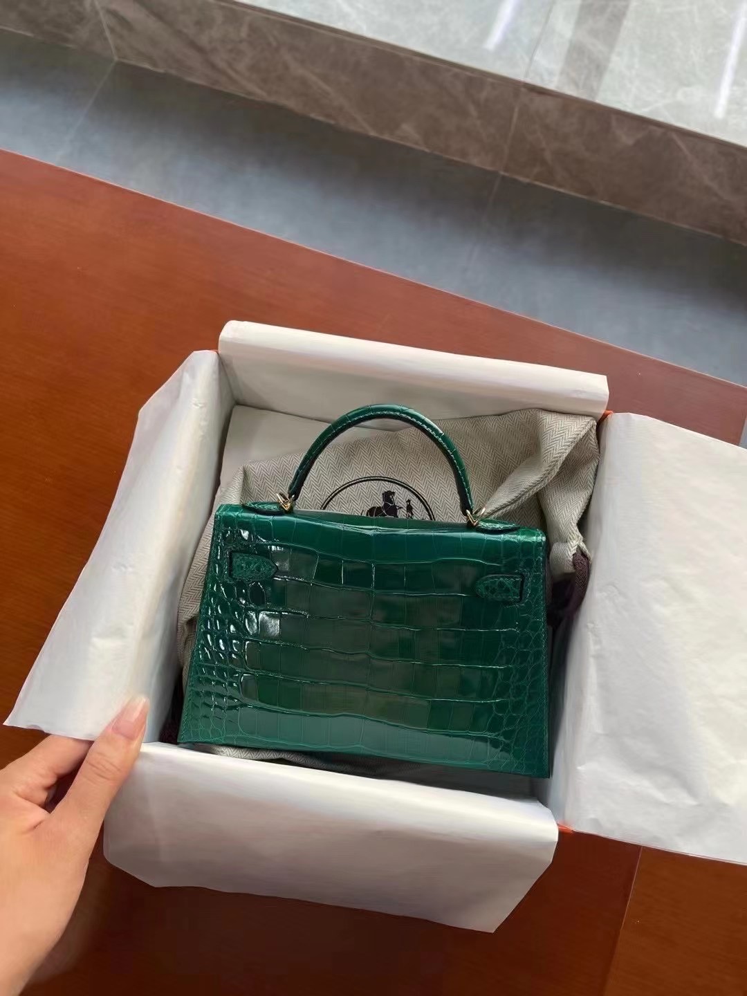 Hermès KL Mini II Sellier 6Q Very Emerald Alligator Crocodile Gold Hardware