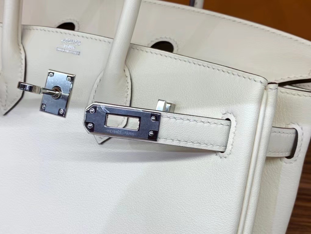 VIP一级品： BK 25cm swift  8L 冰川白/银扣 手工缝制 臻品鉴赏