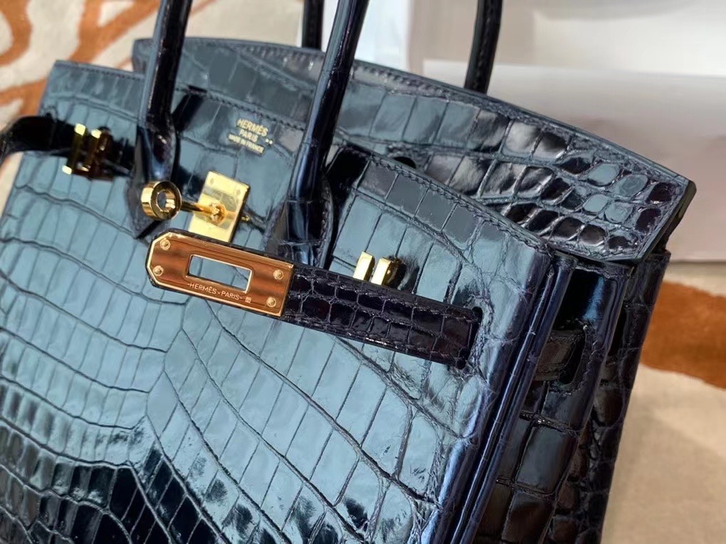 VIP一级品： BK 25cm Nile Crocodile 尼罗鳄 2Z Blue Nuit 午夜蓝/金扣 手工缝制 臻品鉴赏