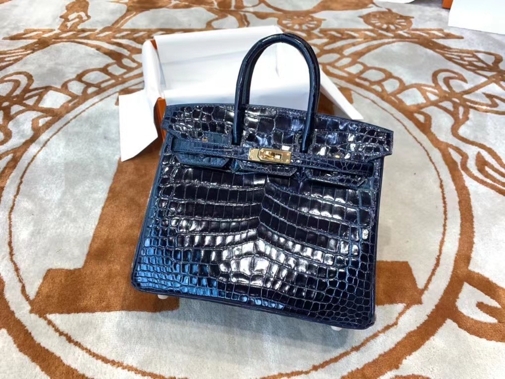 VIP一级品： BK 25cm Nile Crocodile 尼罗鳄 2Z Blue Nuit 午夜蓝/金扣 手工缝制 臻品鉴赏