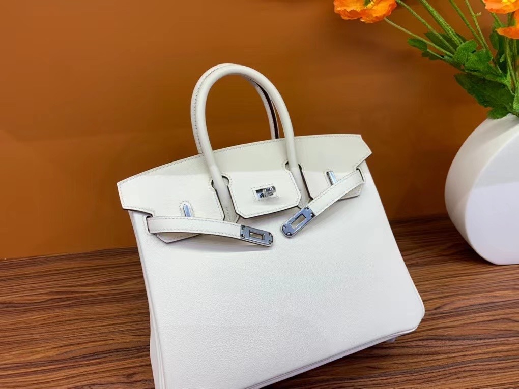 VIP一级品： BK 25cm swift  8L 冰川白/银扣 手工缝制 臻品鉴赏