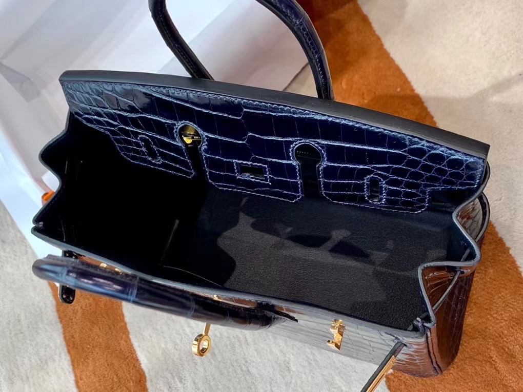 VIP一级品： BK 25cm Nile Crocodile 尼罗鳄 2Z Blue Nuit 午夜蓝/金扣 手工缝制 臻品鉴赏