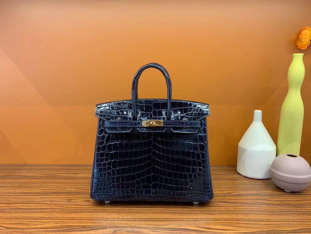 VIP一级品： BK 25cm Nile Crocodile 尼罗鳄 2Z Blue Nuit 午夜蓝/金扣 手工缝制 臻品鉴赏