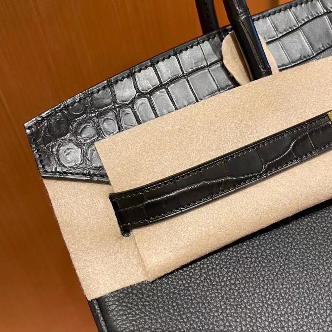 Hermès BK 35cm Touch系列 Togo小牛皮/雾面美洲鳄鱼 Matte alligator crocodile CK89黑色 玫瑰金扣 全手工蜡线缝制