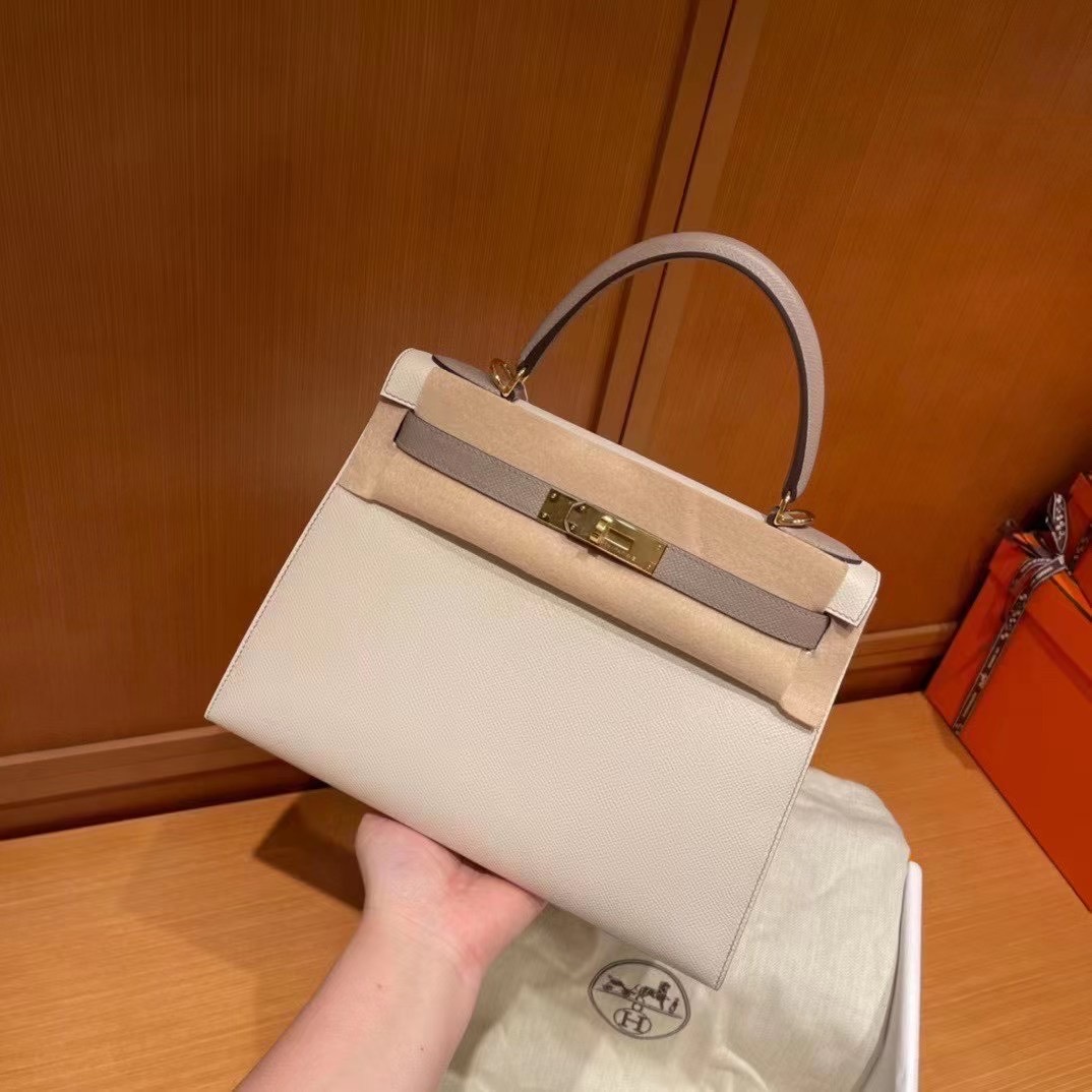 28 cm KL so 拼色 Epsom 皮 10 奶昔白拼M8 沥青灰 金扣