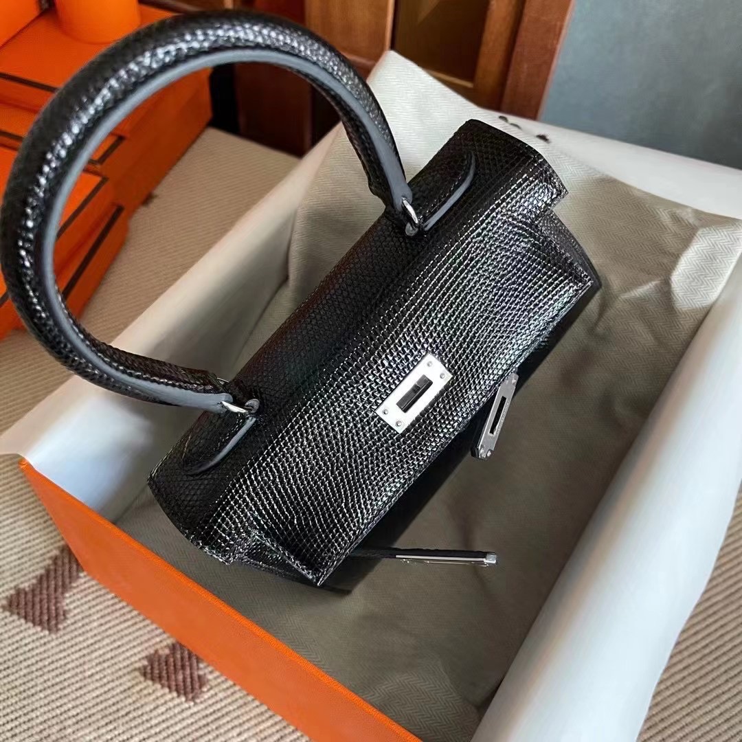 Qatar Doha HM KL 20cm Lizard 进口蜥蜴皮 89 Noir PHW