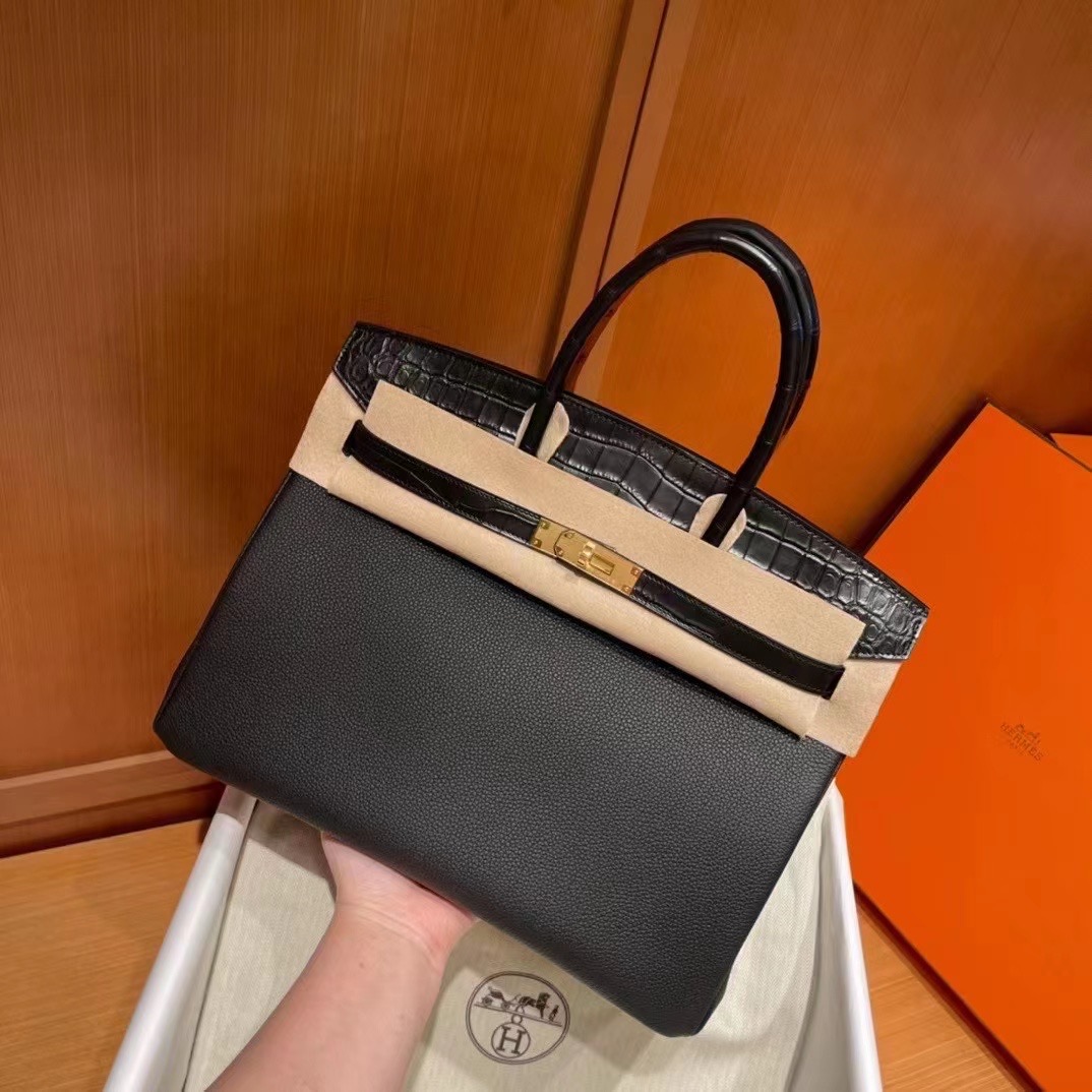 Hermès BK 35cm Touch系列 Togo小牛皮/雾面美洲鳄鱼 Matte alligator crocodile CK89黑色 玫瑰金扣 全手工蜡线缝制