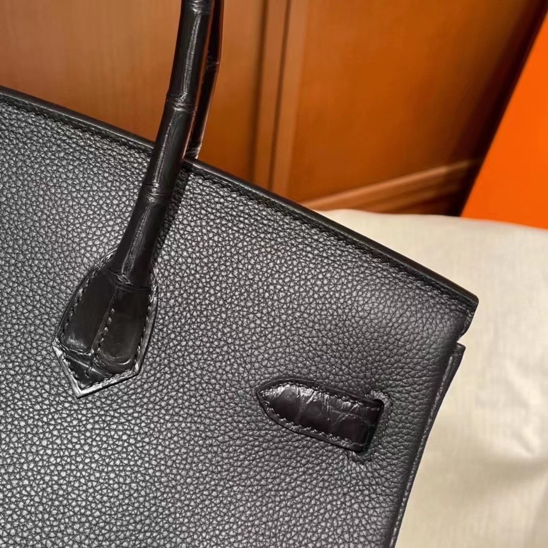 Hermès BK 35cm Touch系列 Togo小牛皮/雾面美洲鳄鱼 Matte alligator crocodile CK89黑色 玫瑰金扣 全手工蜡线缝制