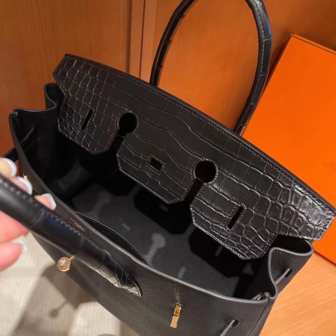 Hermès BK 35cm Touch系列 Togo小牛皮/雾面美洲鳄鱼 Matte alligator crocodile CK89黑色 玫瑰金扣 全手工蜡线缝制