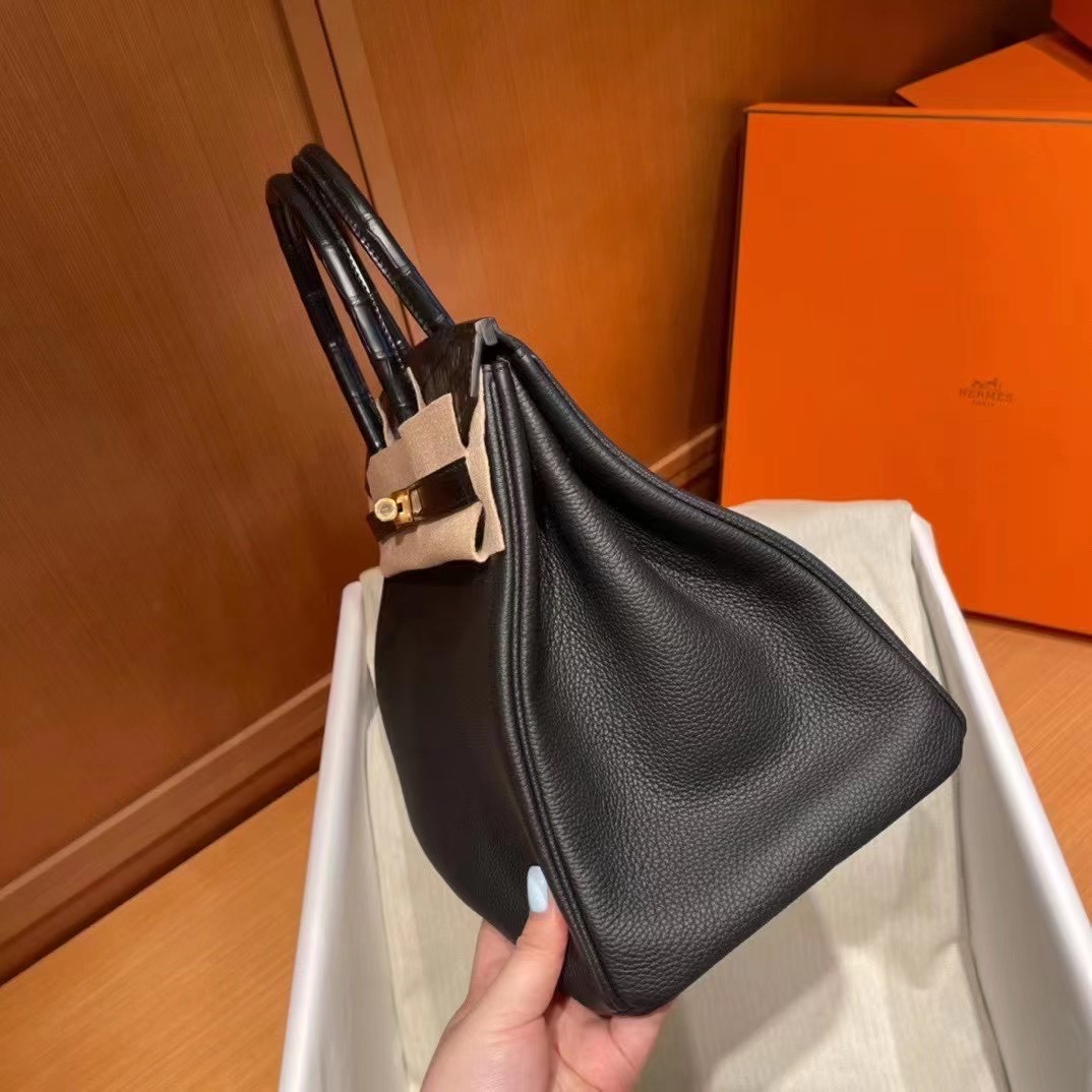 Hermès BK 35cm Touch系列 Togo小牛皮/雾面美洲鳄鱼 Matte alligator crocodile CK89黑色 玫瑰金扣 全手工蜡线缝制