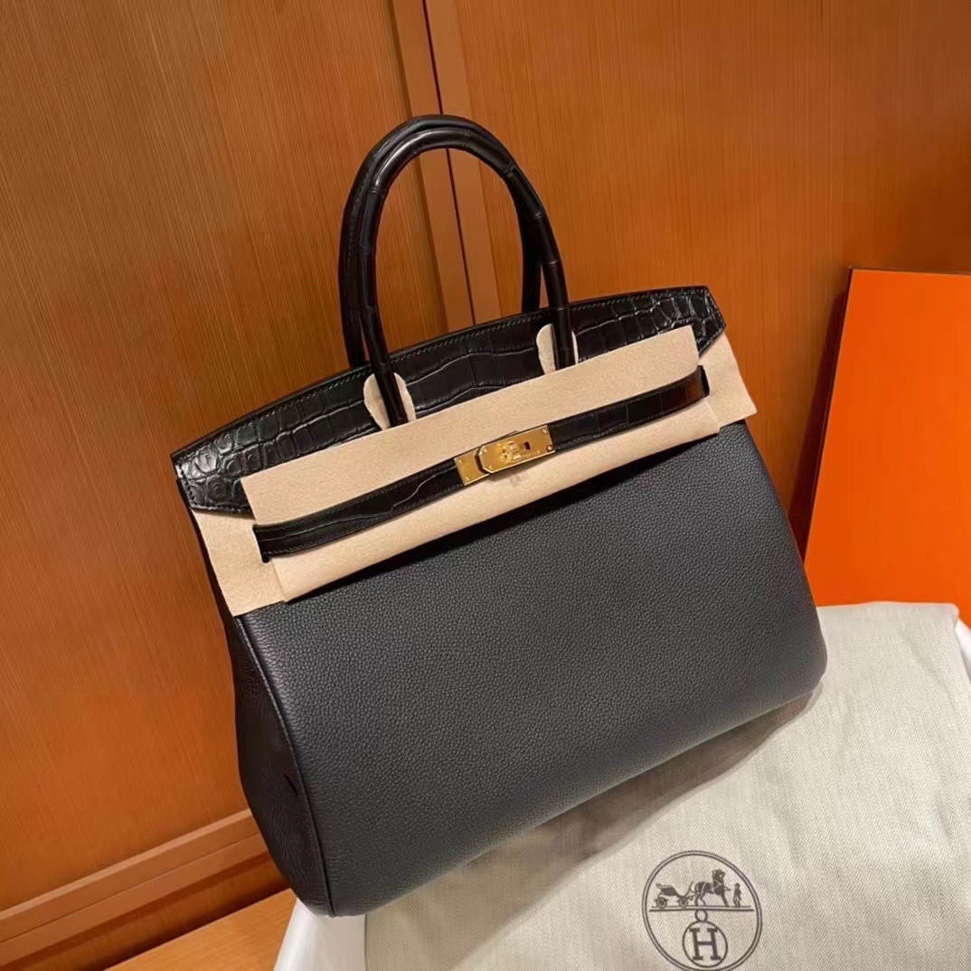 Hermès BK 35cm Touch系列 Togo小牛皮/雾面美洲鳄鱼 Matte alligator crocodile CK89黑色 玫瑰金扣 全手工蜡线缝制