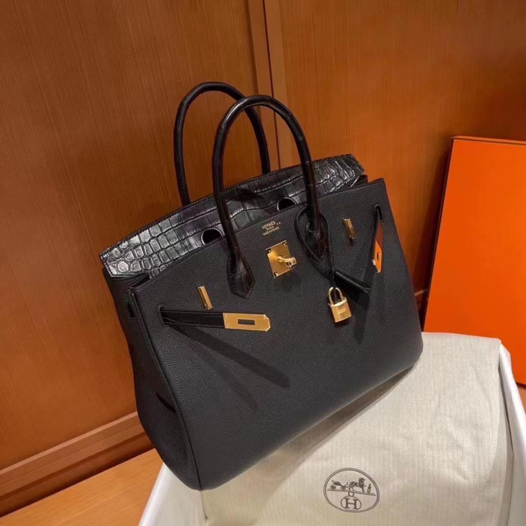 Hermès BK 35cm Touch系列 Togo小牛皮/雾面美洲鳄鱼 Matte alligator crocodile CK89黑色 玫瑰金扣 全手工蜡线缝制
