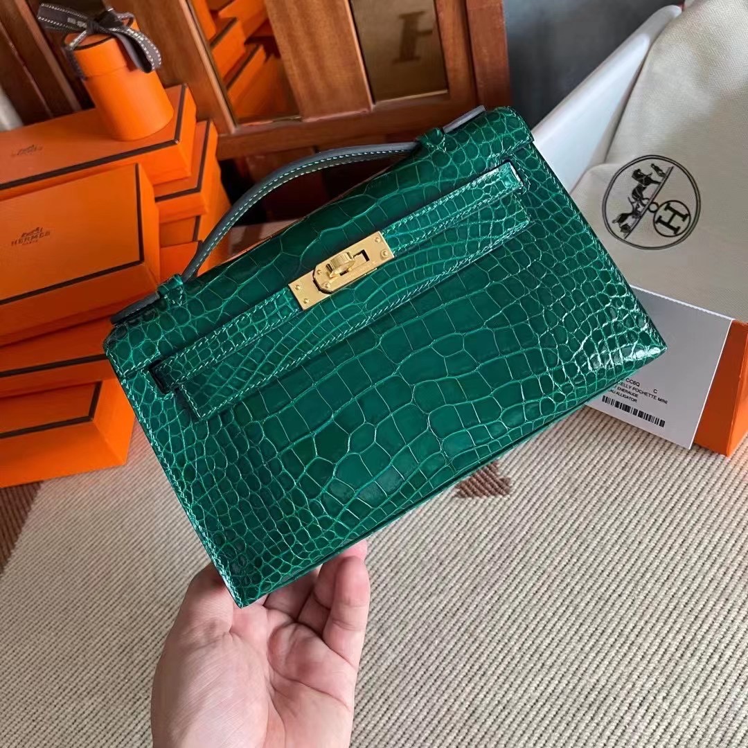 HM KL Pochette alligator crocodile 6Q Vert Emeraude宝石绿