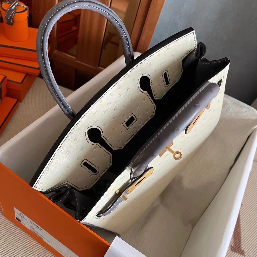 BK 30cm Ostrich 鸵鸟皮  3C羊毛白拼玛瑙蓝  金
