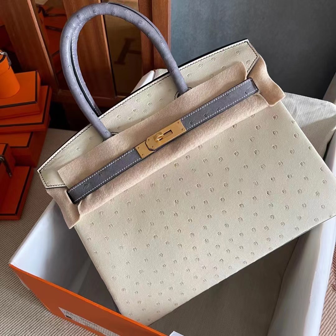 BK 30cm Ostrich 鸵鸟皮  3C羊毛白拼玛瑙蓝  金