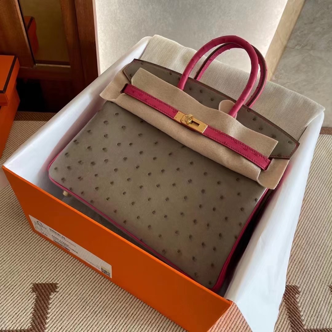 BK  25 Ostrich 鸵鸟皮 M8沥青灰拼玫红  金