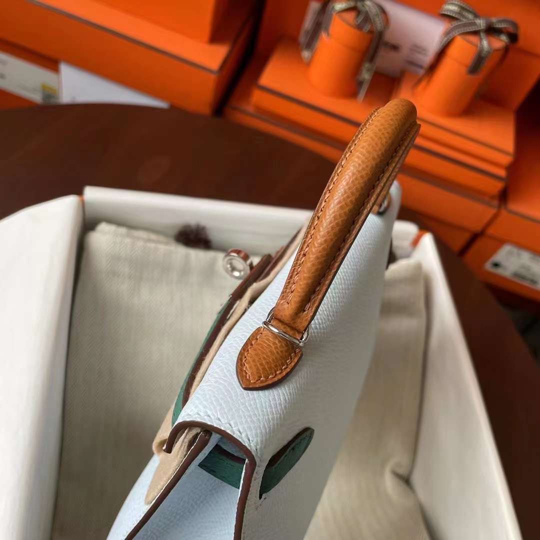 Hermès（爱马仕）Mini KL Epsom皮 T0 雾蓝色 拼 O6 帝王绿 拼 37 金棕 银扣 二代 19cm