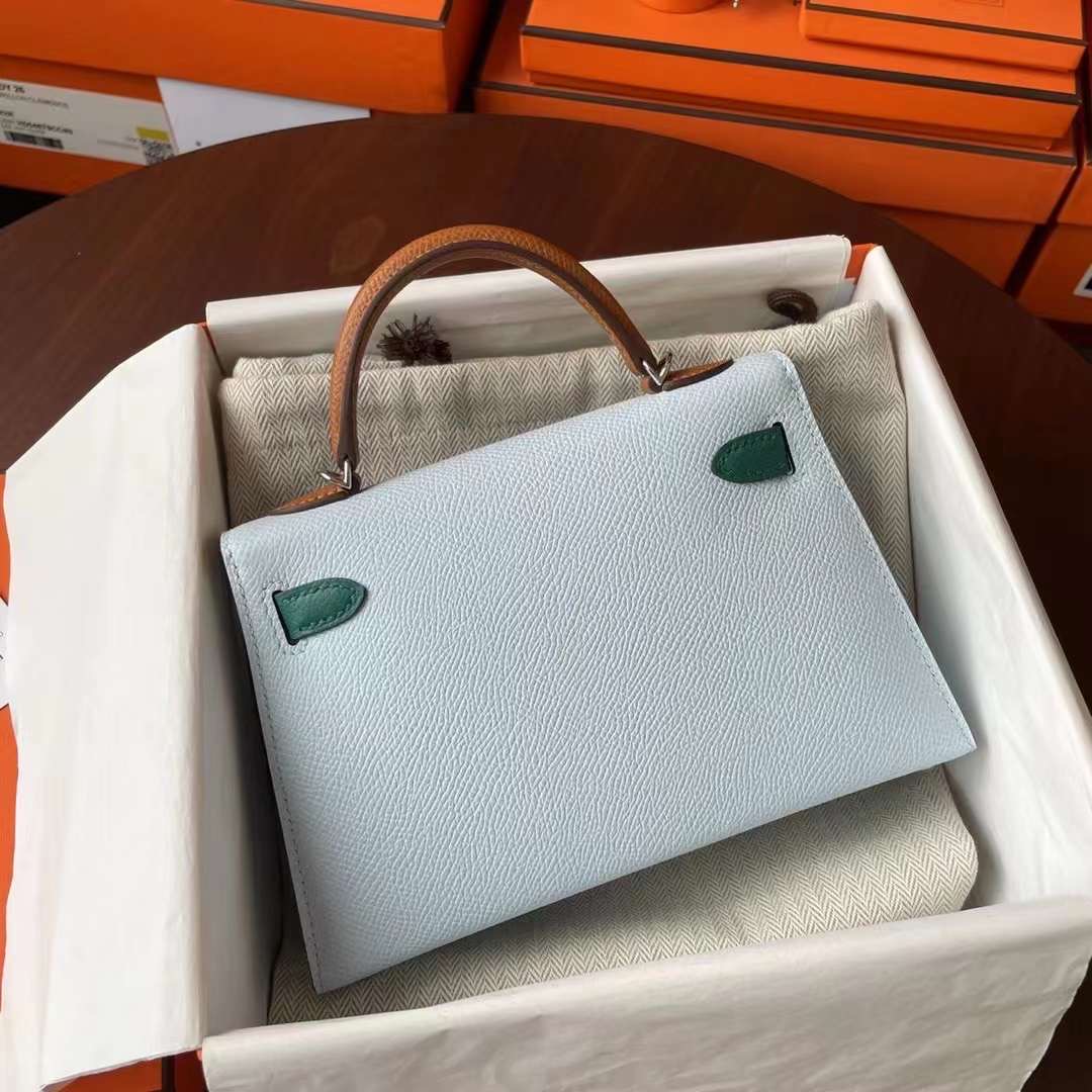 Hermès（爱马仕）Mini KL Epsom皮 T0 雾蓝色 拼 O6 帝王绿 拼 37 金棕 银扣 二代 19cm