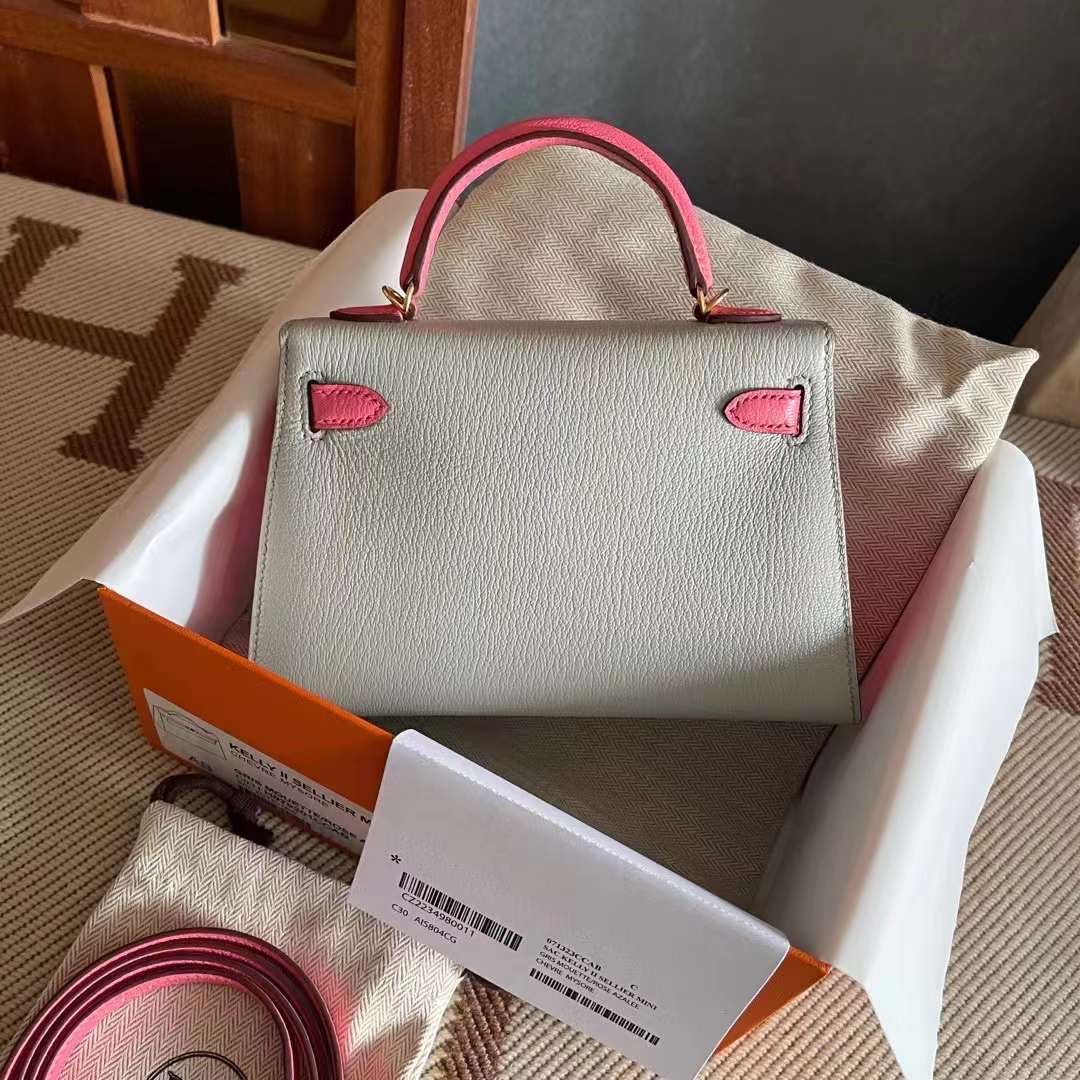 Dubai Store HM KL mini 二 chevre 代 山羊皮  80 gris perle 珍珠灰拼U5 rose lipstick 唇膏粉