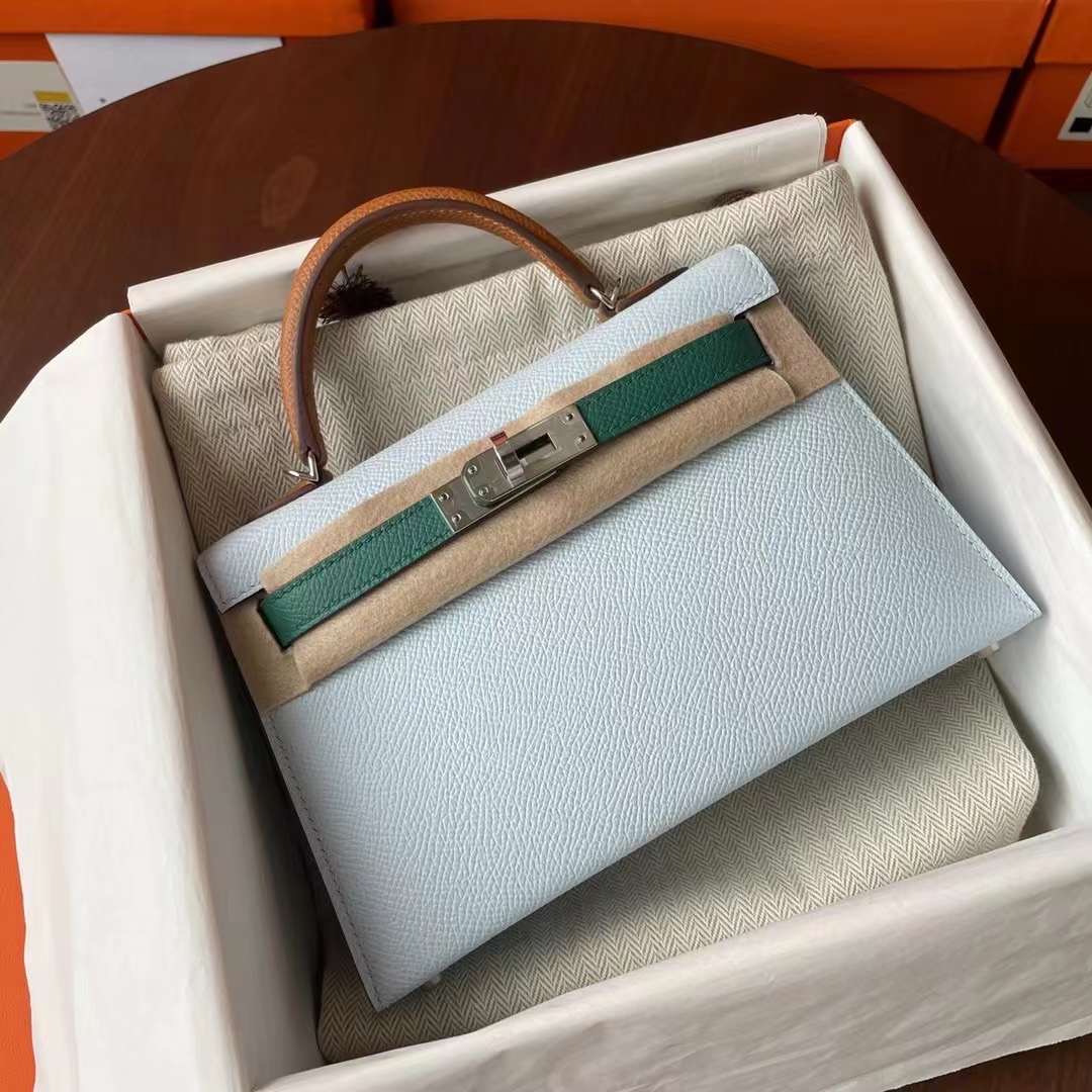 Hermès（爱马仕）Mini KL Epsom皮 T0 雾蓝色 拼 O6 帝王绿 拼 37 金棕 银扣 二代 19cm