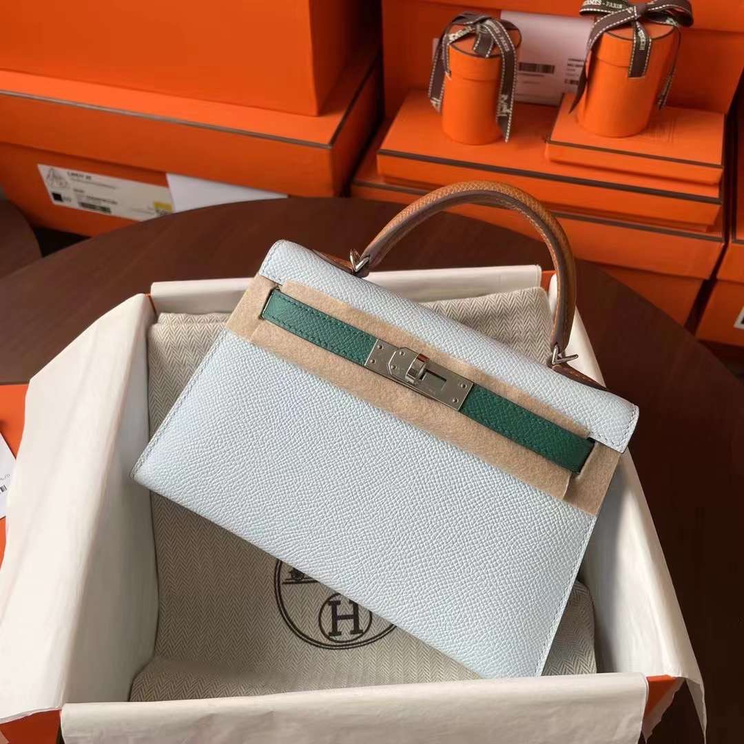 Hermès（爱马仕）Mini KL Epsom皮 T0 雾蓝色 拼 O6 帝王绿 拼 37 金棕 银扣 二代 19cm