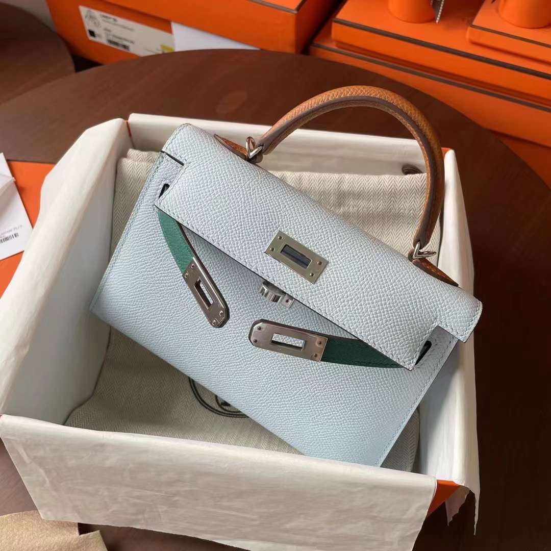 Hermès（爱马仕）Mini KL Epsom皮 T0 雾蓝色 拼 O6 帝王绿 拼 37 金棕 银扣 二代 19cm