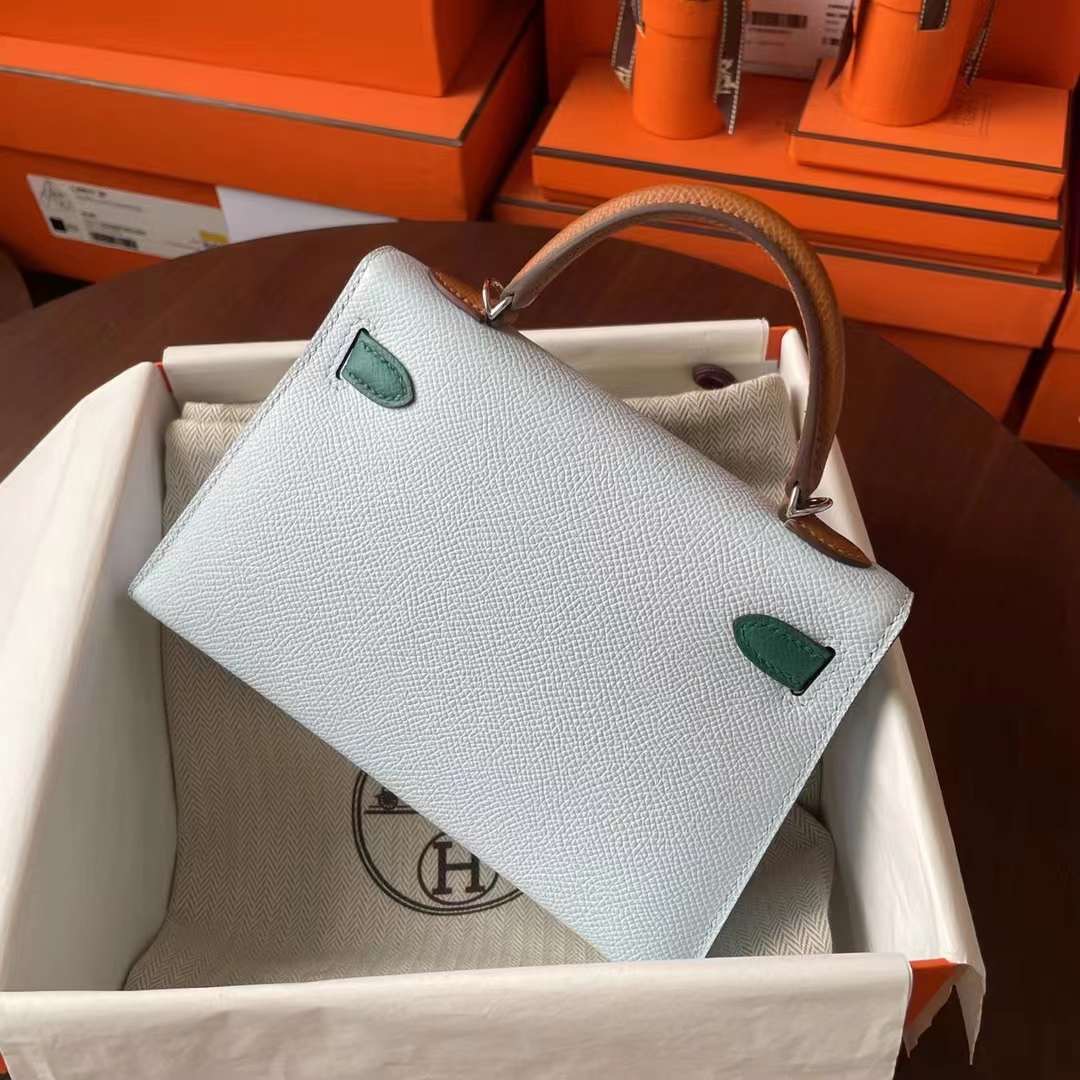 Hermès（爱马仕）Mini KL Epsom皮 T0 雾蓝色 拼 O6 帝王绿 拼 37 金棕 银扣 二代 19cm