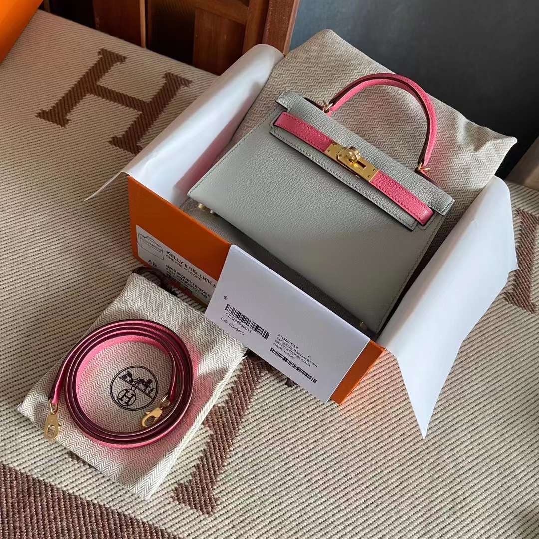 Dubai Store HM KL mini 二 chevre 代 山羊皮  80 gris perle 珍珠灰拼U5 rose lipstick 唇膏粉