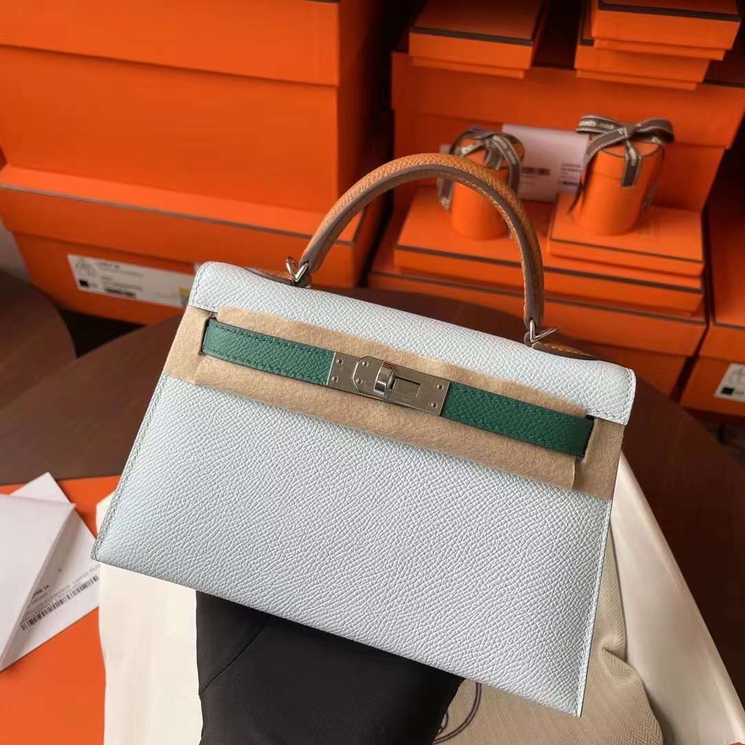 Hermès（爱马仕）Mini KL Epsom皮 T0 雾蓝色 拼 O6 帝王绿 拼 37 金棕 银扣 二代 19cm