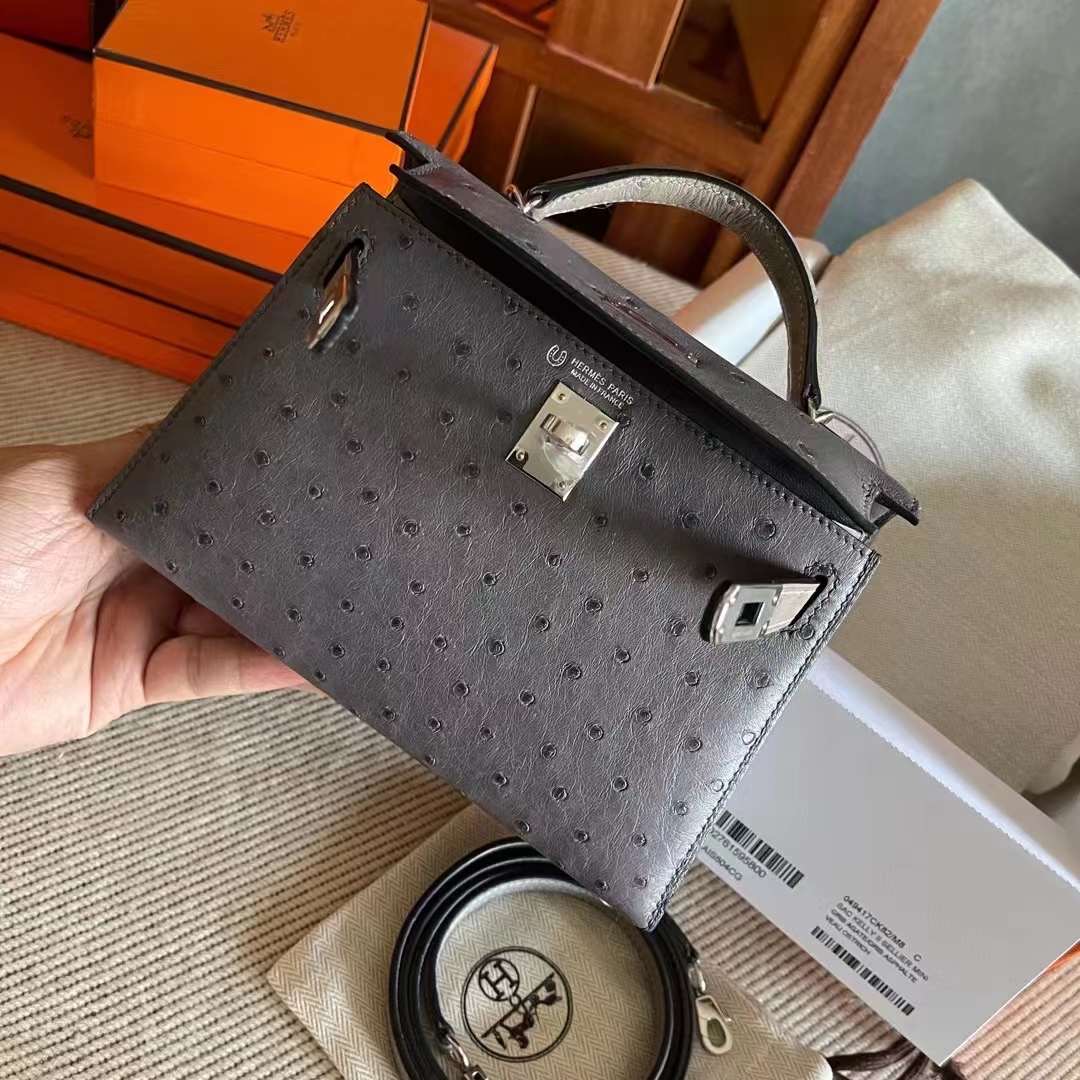 Sac KL II Sellier Mini Gris Agate and Gris Asphalte Veau Ostrich