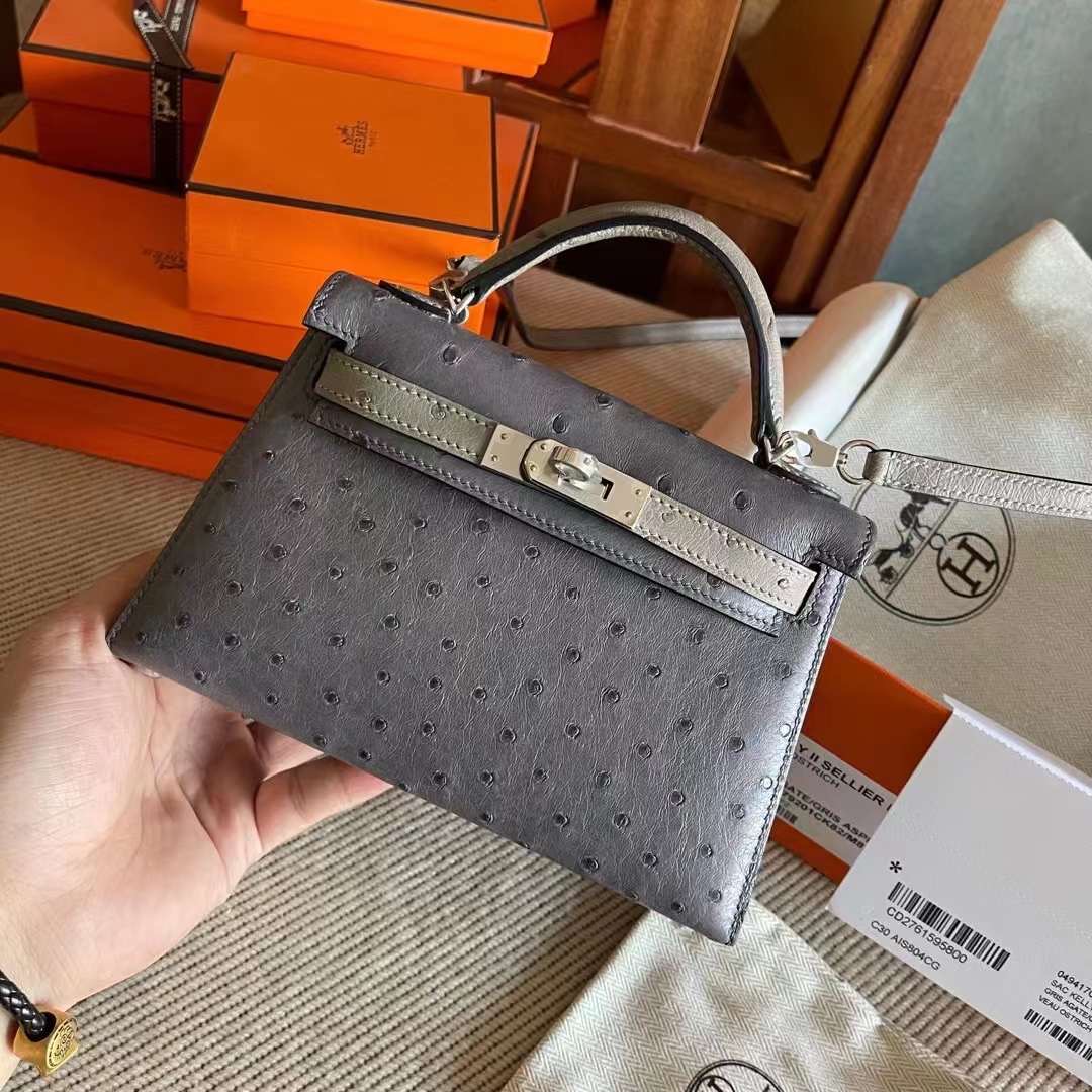 Sac KL II Sellier Mini Gris Agate and Gris Asphalte Veau Ostrich