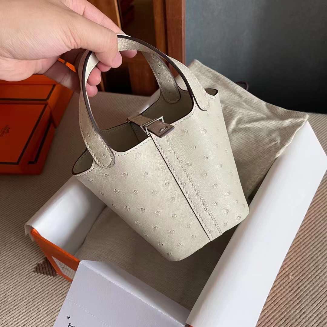 picotin macro ostrich leather 鸵鸟皮 羊毛白  银