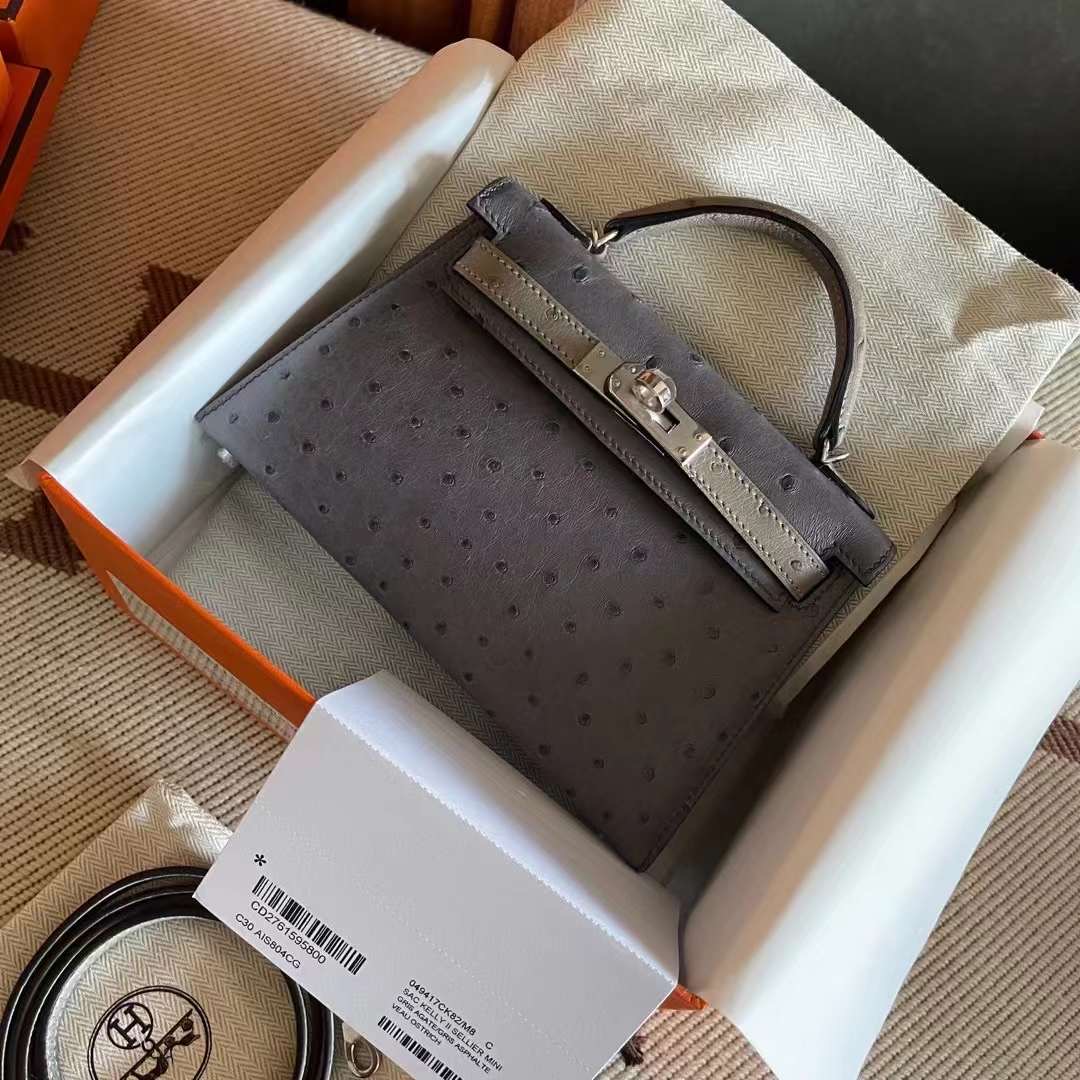 Sac KL II Sellier Mini Gris Agate and Gris Asphalte Veau Ostrich