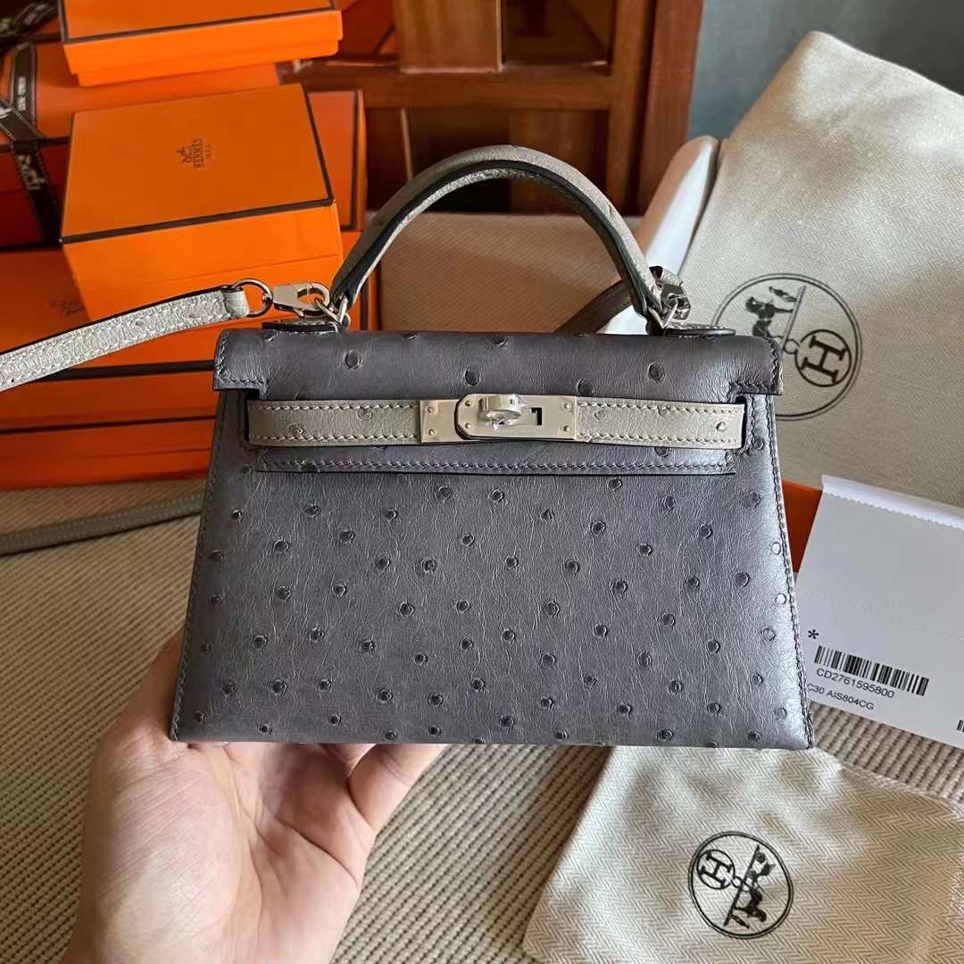 Sac KL II Sellier Mini Gris Agate and Gris Asphalte Veau Ostrich